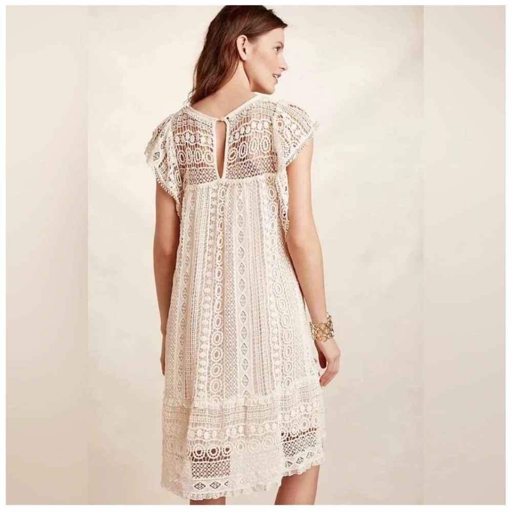 Maeve Crochet Cream Lace Shift Dress Ivory Boho Cap Sleeve Mini Sz Large Petite - Picture 2 of 10